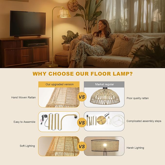 Oneach Arc Floor Lamp for Living Room, Rattan Boho Floor Lamp - Image 7