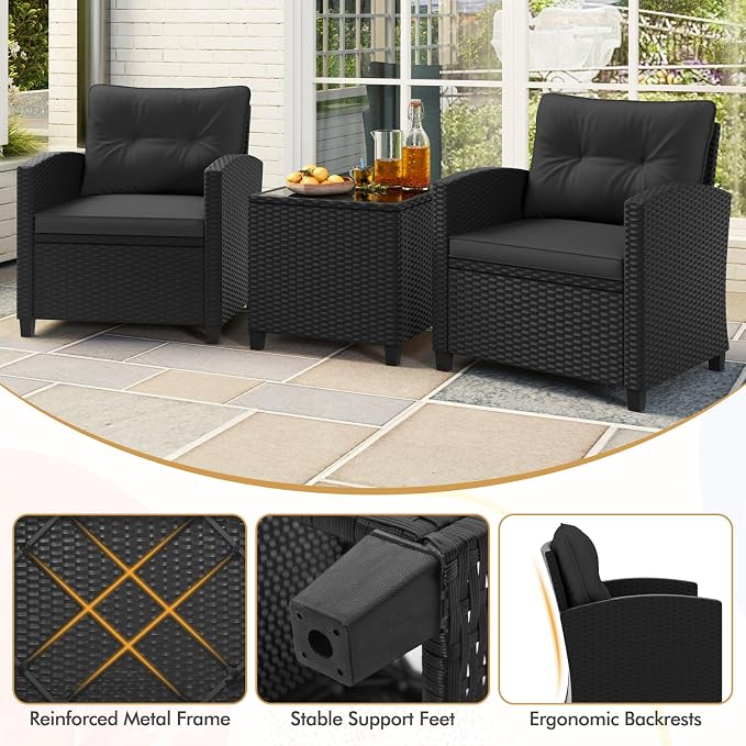 HAPPYGRILL 3 Pieces Wicker Patio Conversation Set, PE Rattan Bistro Sofa Set - Image 7