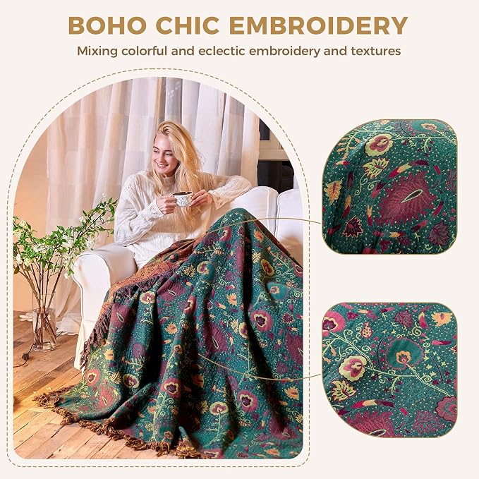 LUTBM Boho Throw Blanket for Bed 100% Cotton Soft Lightweight Quilt Home Decor - Image 3