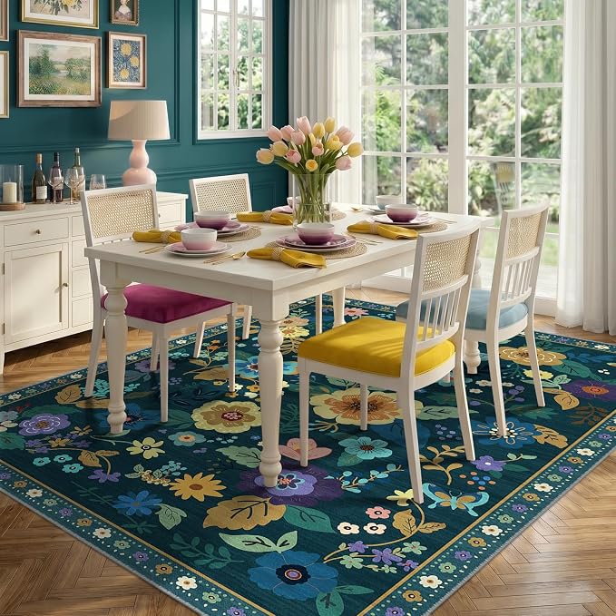 RELEANY Floral Washable 5x7 Area Rugs Teal/Purple | Flower Carpet Print Boho - Image 6