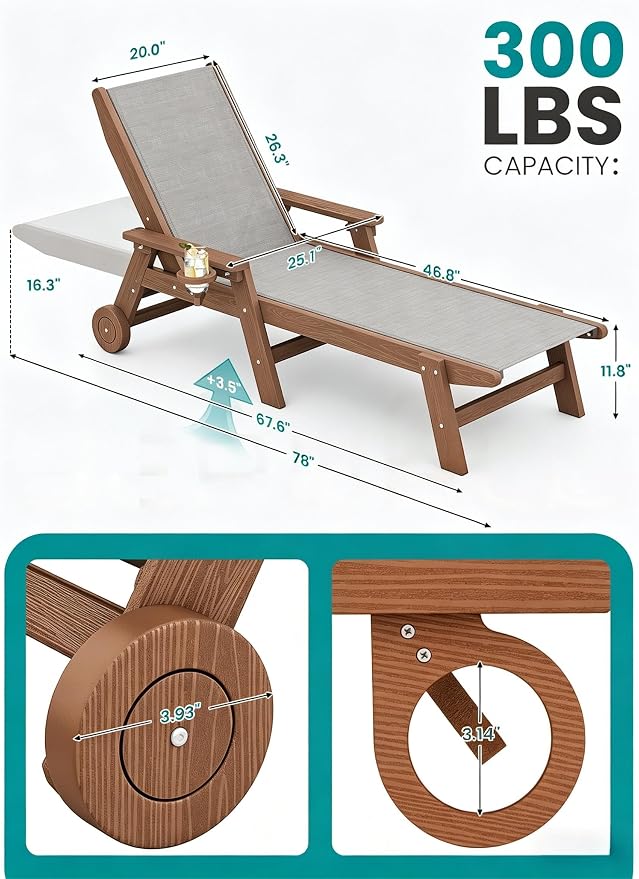 SERWALL Textilene Patio Chaise Lounge Chair Set of 2, 5 Positions Outdoor - Image 2