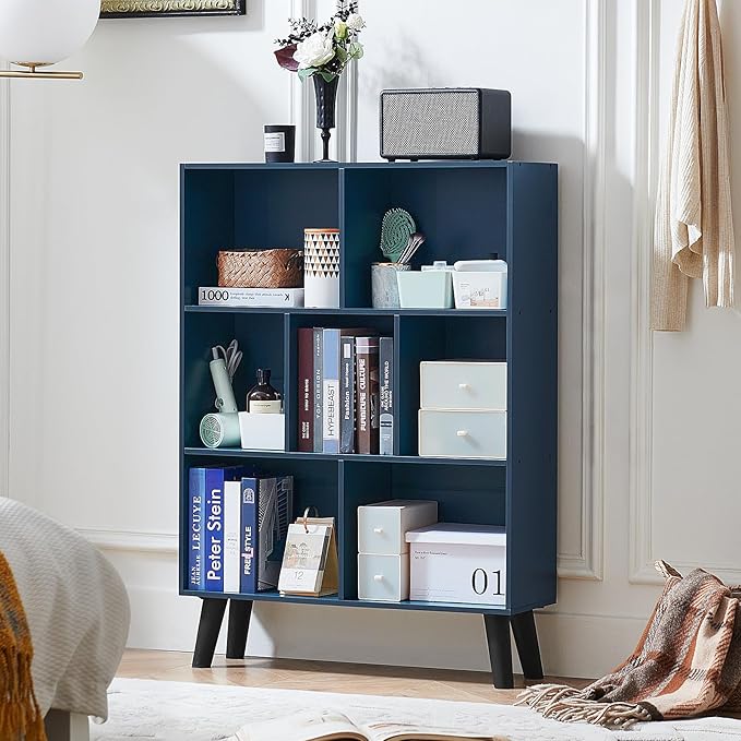 LEYAOYAO Cube Bookshelf 3 Tier Mid-Century Rustic Dark Blue Modern Bookcase - Image 6
