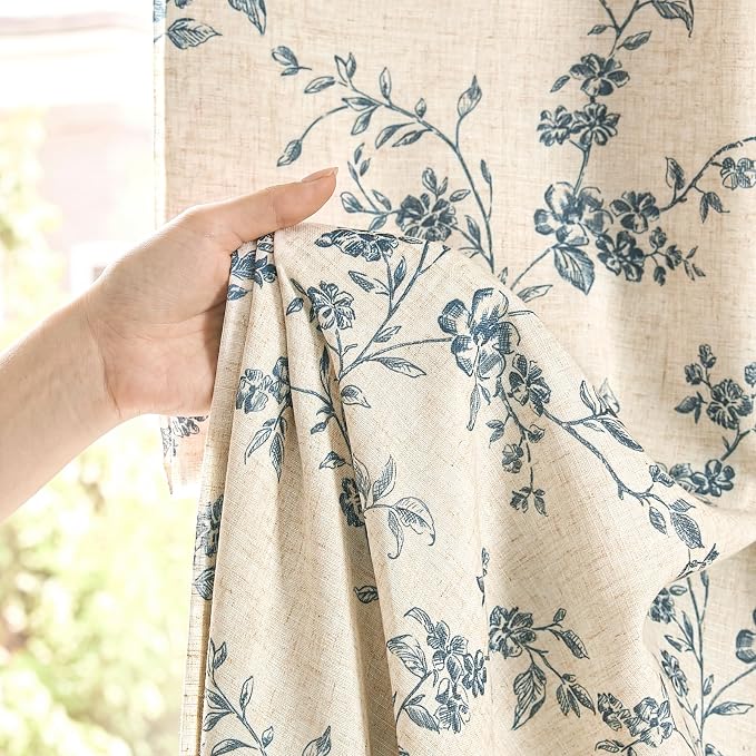 Blackout Vintage Floral Linen Curtains Blue on Beige 50×63 2 Panels | Elisa - Image 3