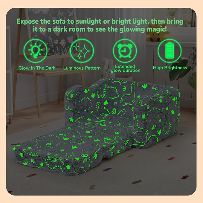 MeMoreCool Glow-in-the-Dark Dinosaur Kids Couch, 2-in-1 Foldable Kids Couch and - Image 4