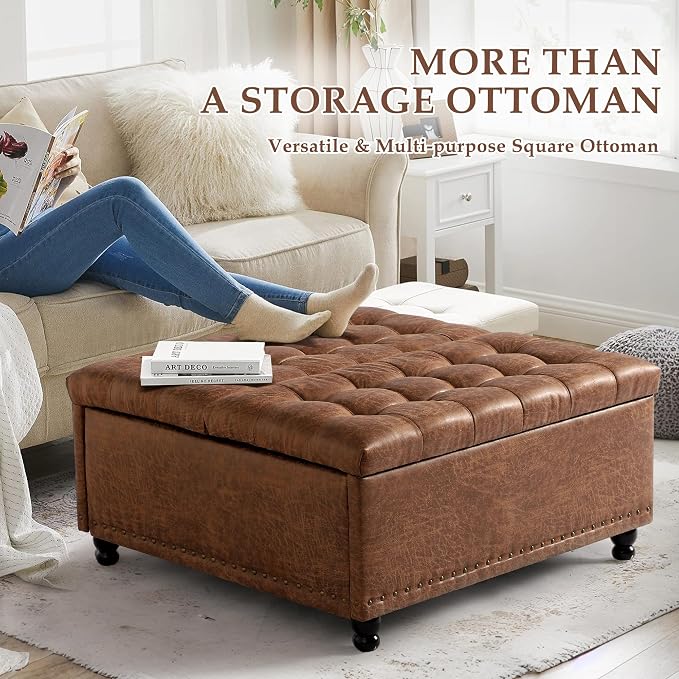 36" Large Square Ottoman with Storage, Tufted Upholstered Storage Ottoman with - Image 7