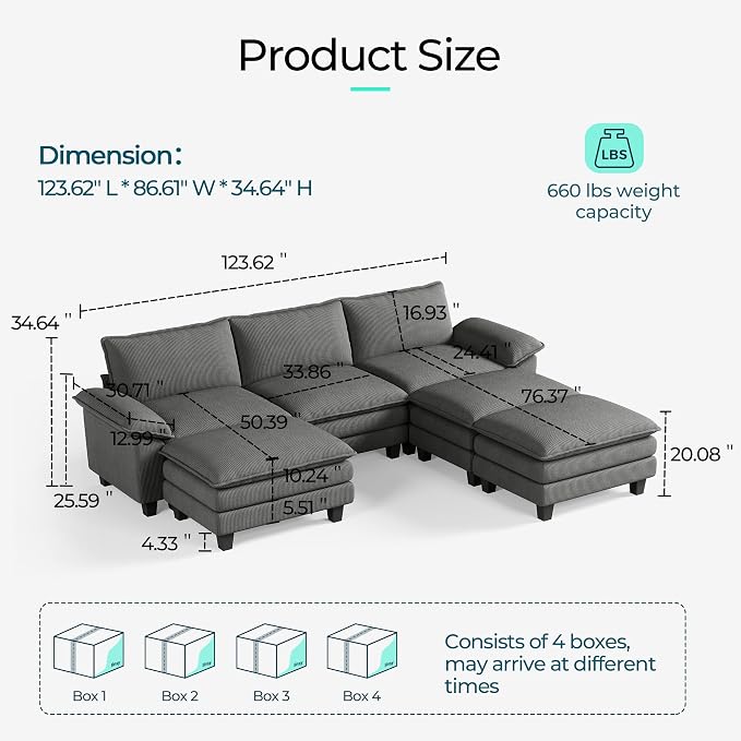 LINSY HOME 123" Modular Sectional Sofa, 3-Seat Corduroy Modern Cloud Couch - Image 2