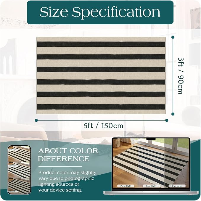 Black and White Striped Entry Rug, 3x5 Non-Slip Indoor Outdoor Rugs | Washable - Image 6