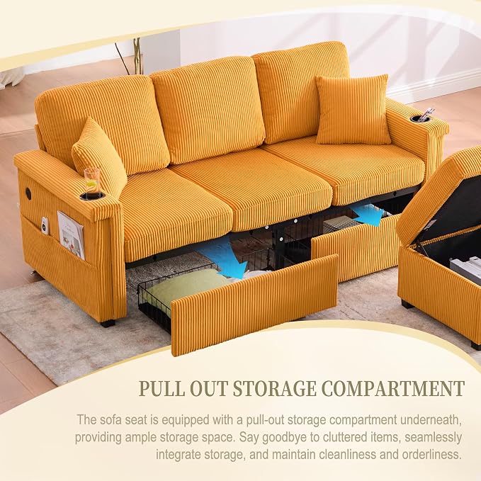 L-Shaped Sectional Sofa with Storage & Movable Ottoman, Corduroy 3 Seater - Image 4