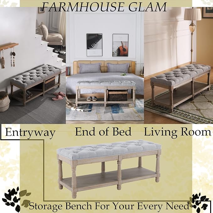 Farmhouse Storage Bench Wooden Entryway Upholstered Tufted Ottoman Bench - Image 7