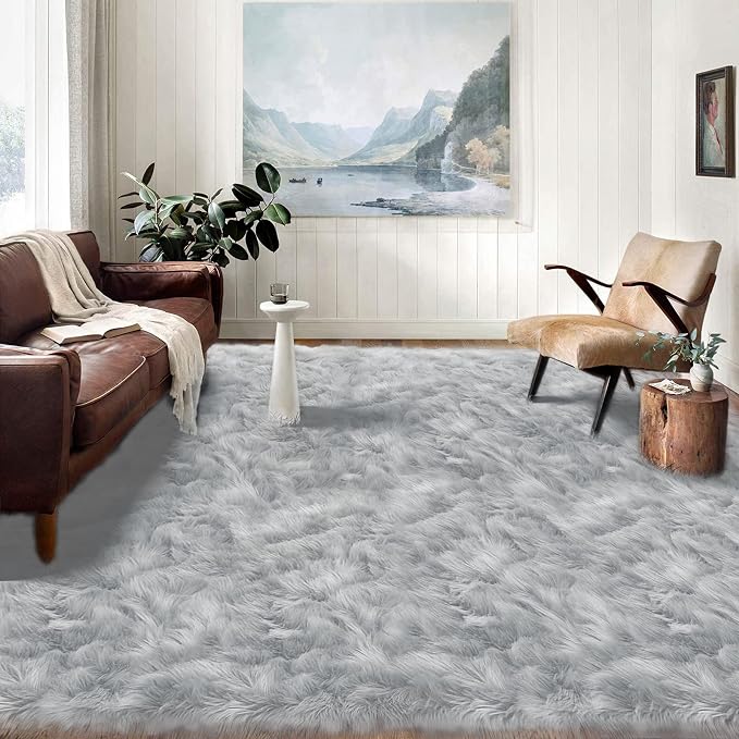Latepis Grey Faux Fur 8'10"x11'10" Area Rug, Soft Plush Faux Fur Sheepskin Rugs by Latepis