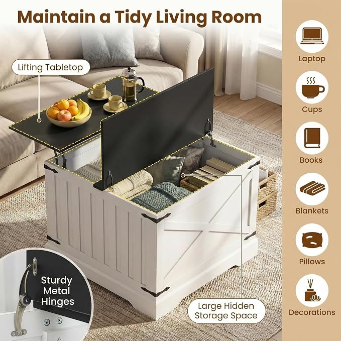 Giantex Farmhouse Lift Top Coffee Table, 31.5" Square Wood Center Table - Image 4