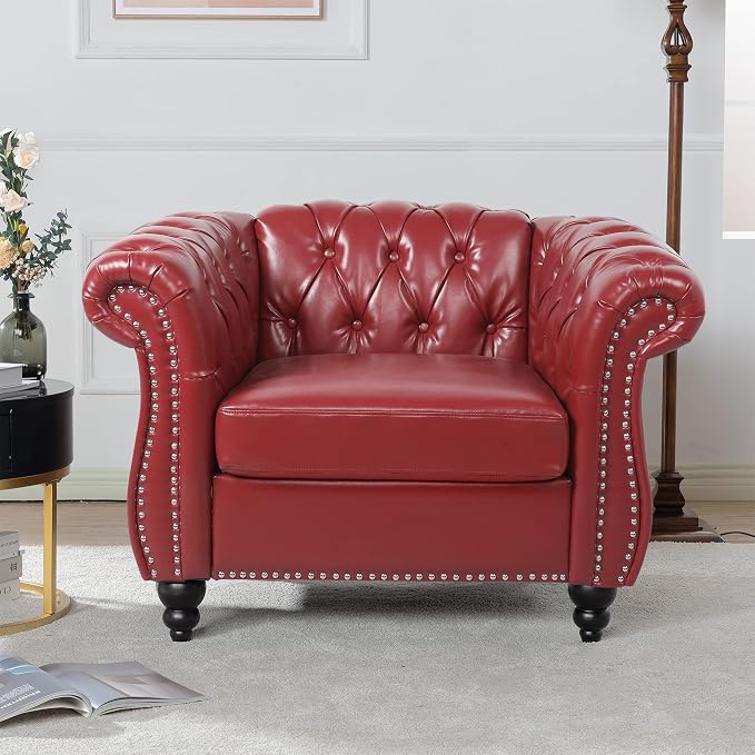 LEVNARY Leather Upholstered Armchair, Mid-Century Modern Single Sofa Chair by LEVNARY
