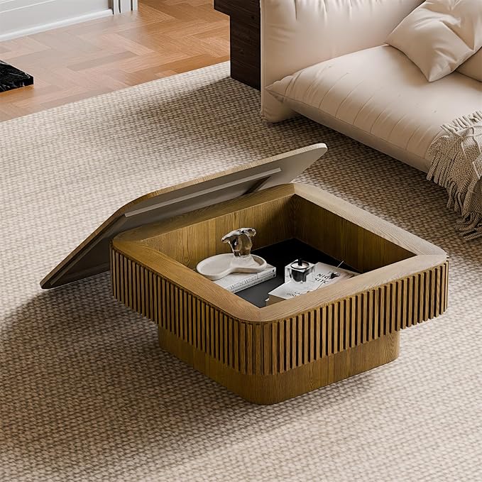 Square Coffee Table for Living Room, Fluted Drum Accent Tea Center Table by Unknown