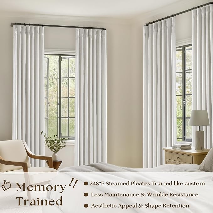 Beige White Pinch Pleat 100% Blackout Linen Curtains 2 Layers 45 Inch Long | - Image 2