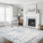 8x10 Washable Area Rugs for Living Room, Dining Room- Blue White | Retro Floral by Srugn