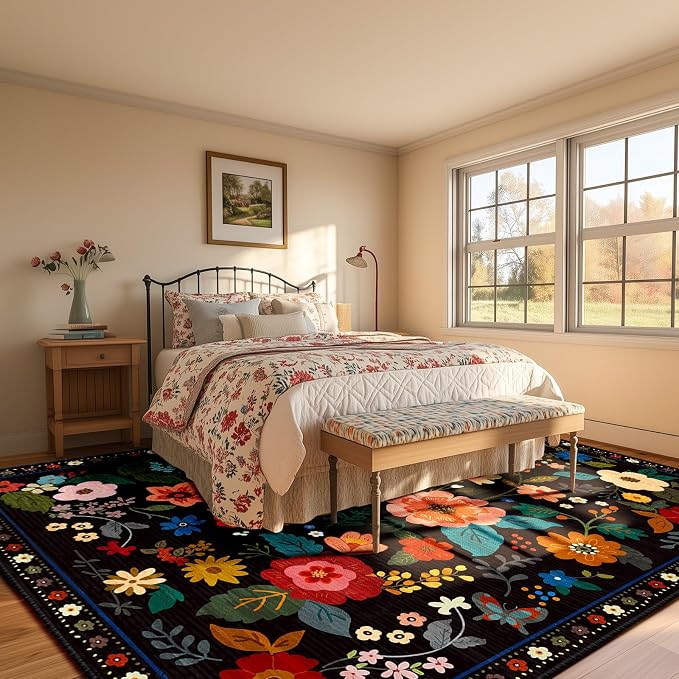 RELEANY Floral Washable 8x10 Area Rugs Black | Flower Carpet Print Boho Cute - Image 9