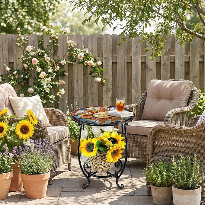 Cinnvoice Outdoor Side Table Round Small Mosaic Patio Accent Indoor End Plant - Image 2