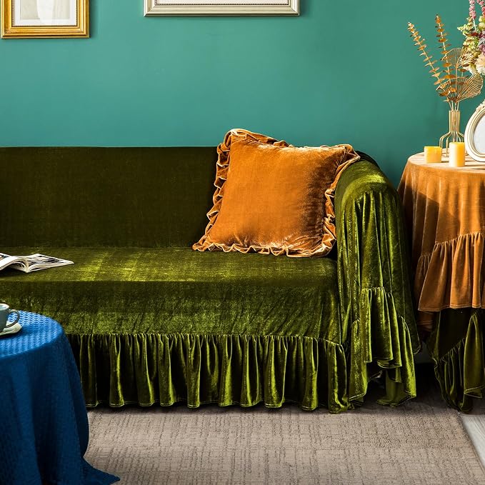 GLORY SEASON Velvet Sofa Cover Soft Decorative Luxurious Solid Exquisite Ruffle - Image 2