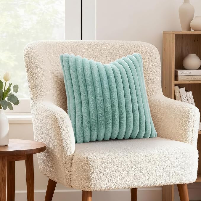 decorUhome Fall Faux Fur Throw Pillow Covers 26x26 Set of 2 Aqua | Decorative - Image 4