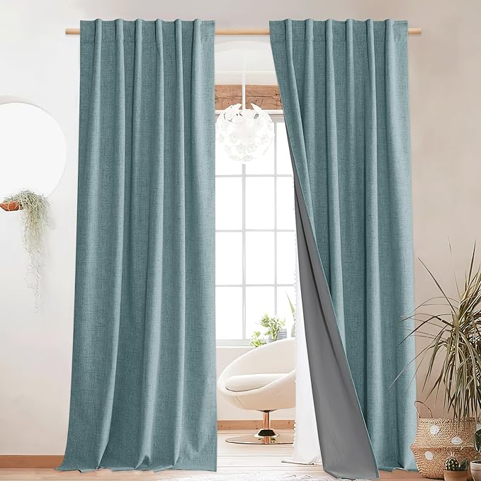 NICETOWN Skylark Blue Blackout Linen Curtains 95" Long, Rod Pocket Back Tab by NICETOWN