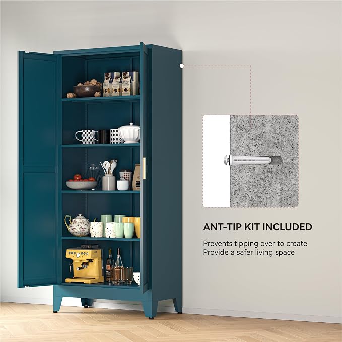 YAUWOH 71''Metal Cabinet with 4 Adjustable Shelves, 5-Tier Pantry Storage - Image 7