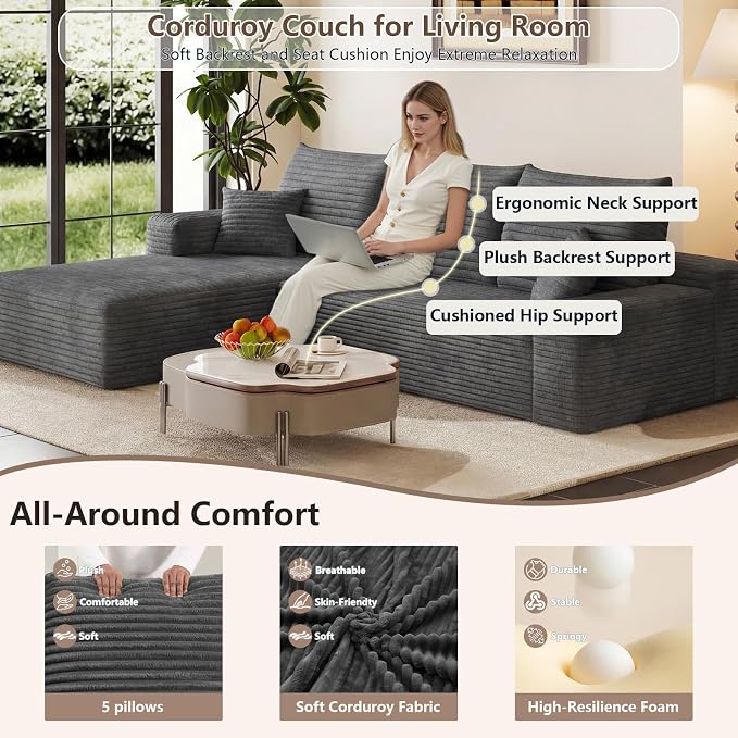 95" Cloud Sectional Couch with L-Shape Chaise, Modular Comfy Sofa Chaise Longue - Image 3