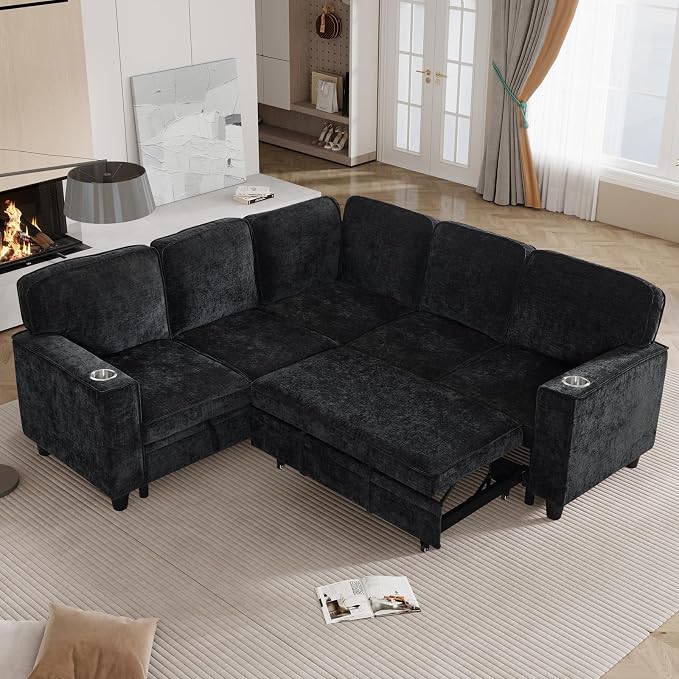 L-Shaped Sectional Couch with Storage and Pull Out Bed, Convertible Sofa Bed - Image 4