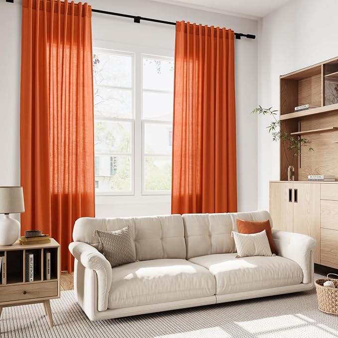 Bright Orange Linen Blend Light Filtering Back Tab Curtains 84 Inches Long - Image 7