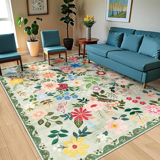 PLHXFR Area Rug 10x14 Living Room: Floral Washable Boho Soft Carpet Green | - Image 2
