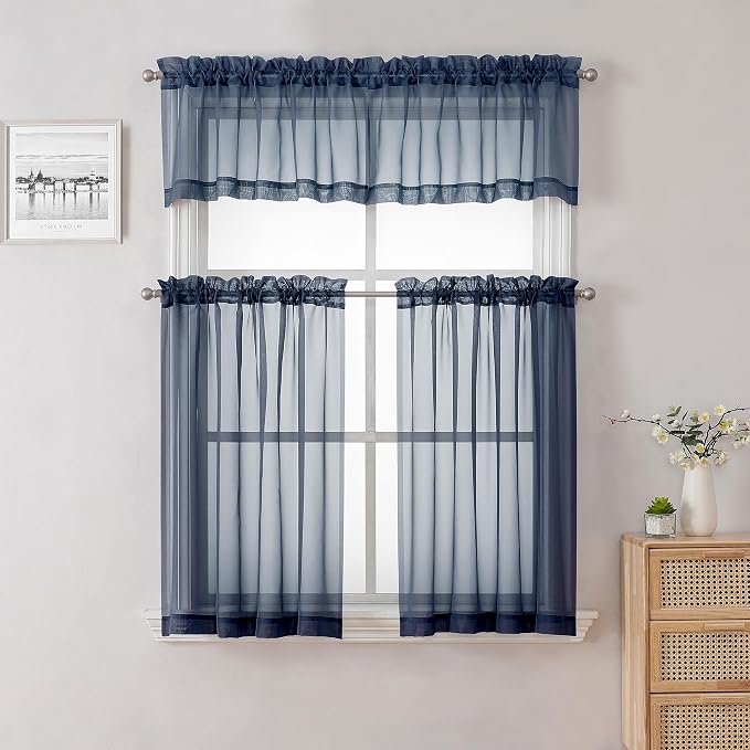 Navy Blue Window Valance 14 Inches Long 2 PCS, Solid Voile Blue Curtains Dual - Image 7