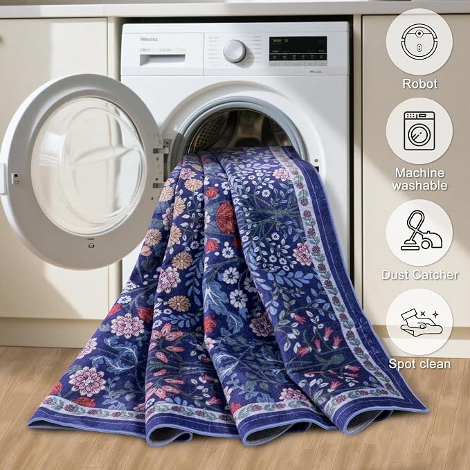PLHXFR 8x10 Area Rug Living Room: Floral Washable Boho Soft Carpet Blue | - Image 5