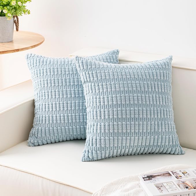 Pack of 2 Corduroy Decorative Throw Pillow Covers 20x20 Inch, Sky Blue | Fall by Unknown