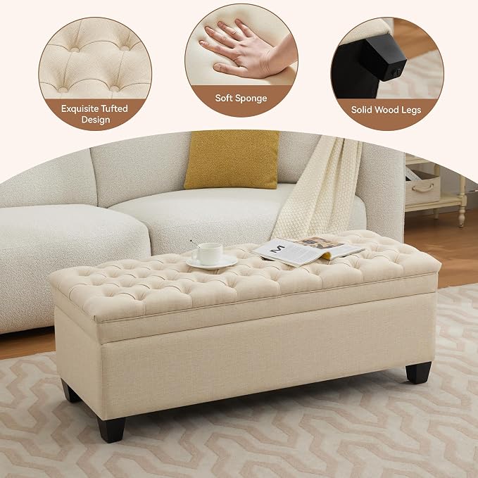 WUTUTUEE 51" Fabric Storage Ottoman Bench, Upholstered Rectangle End of Bed - Image 4