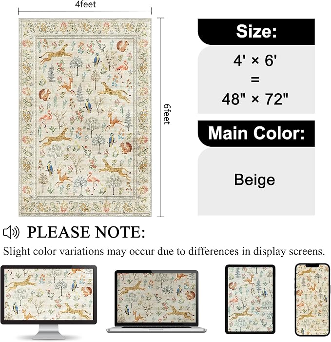 DUKINO 4x6 Area Rug, Non Slip Animal Washable Rug - Image 2
