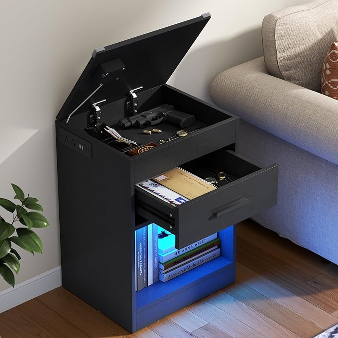 Gyfimoie Led Night Stand with Charging Station & RFID Lock Cabinet, Smart - Image 6