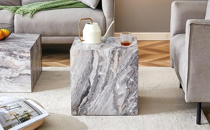 16'' Cube Coffee Table with Marble Stone Pattern, Square No Assembly End Table - Image 9
