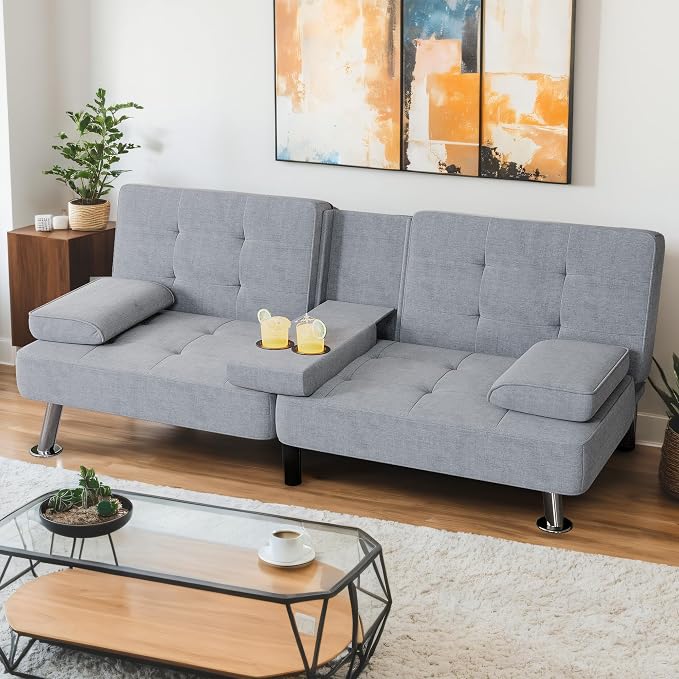 Shahoo Modern Linen Upholstered Convertible Folding Futon Sofa Bed by BuynowfromShahoo