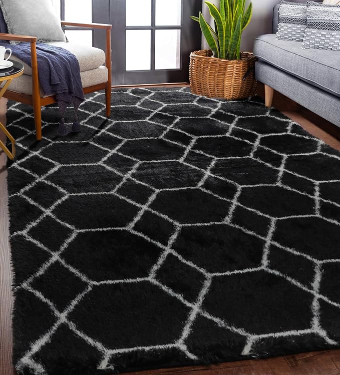Area Rugs for Bedroom Living Room, 4x6 Fluffy Black and White Geometric Rug | - Image 6