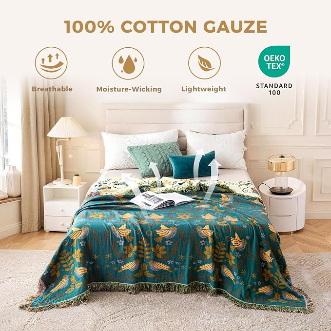LUTBM Boho Throw Blanket for Couch 100% Cotton Soft Birds and Floral Double - Image 4