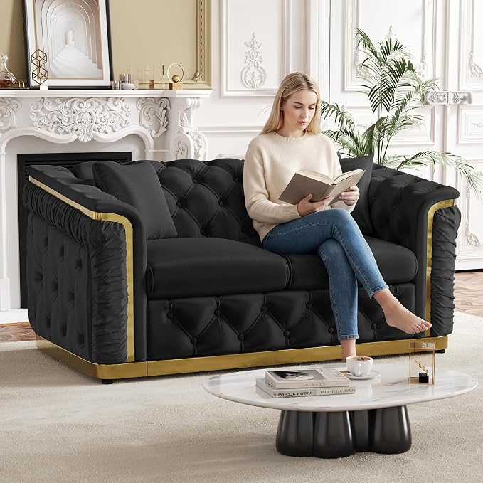 62.2" Luxury Velvet Chesterfield Sofa Tufted Victorian Black and Gold Couch - Image 3