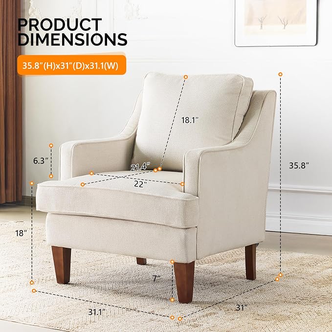 VINGLI Beige Accent Chair, Mid Century Modern Chairs, Upholstered Armchair - Image 2