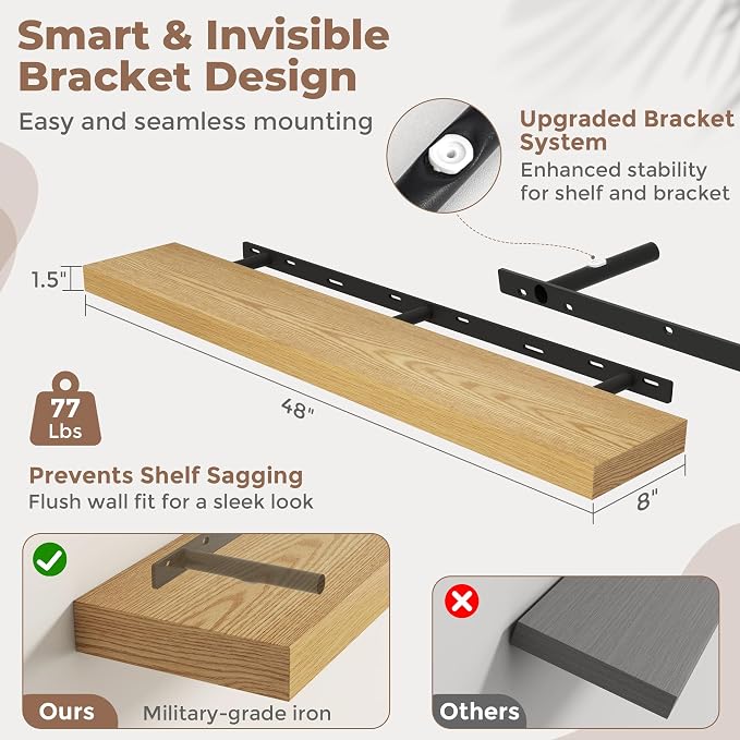 FLYJOE Floating Shelves for Wall, 48 Inch Floating Shelves Set of 1, Kitchen - Image 2