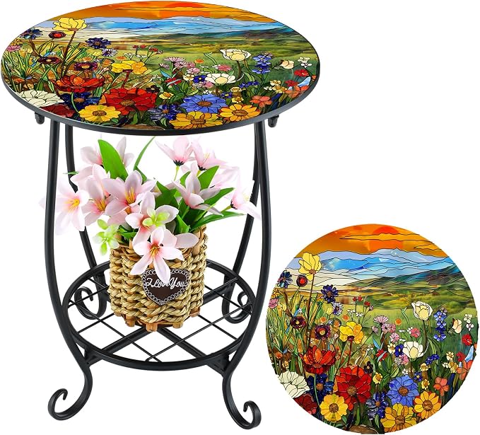 Cinnvoice Outdoor Side Table Round Small Mosaic Patio Accent Indoor End Plant by Cinnvoice