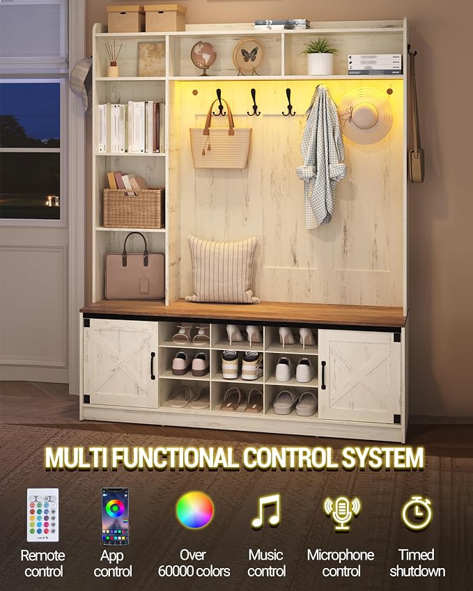 Hzuaneri 59.8" Hall Tree, LED Farmhouse Entryway Storage and Coat Rack Wood - Image 4