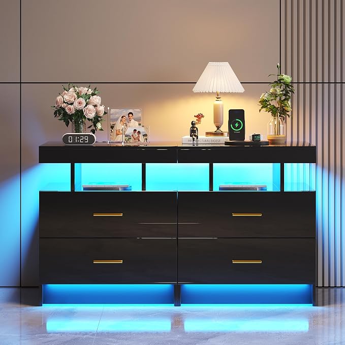 HNEBC Nightstand Set of 2 with Charging Station, Auto LED Night Stand with by HNEBC