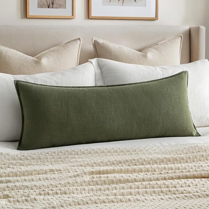 MIULEE Decorative Linen Lumbar Pillow Cover 14x36 Inch Dark Olive Green | Boho by MIULEE