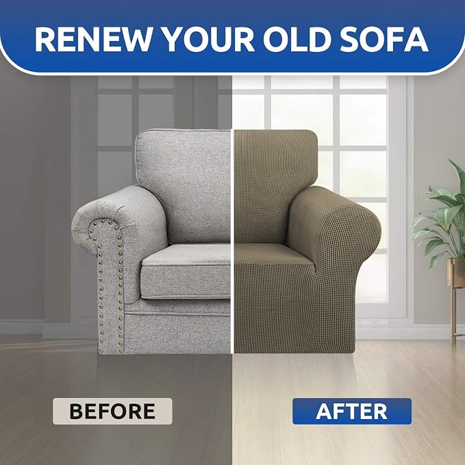 Stretch Chair Sofa Slipcover, Single Couch Cover, Khaki | 1-Piece Washable Sofa - Image 7