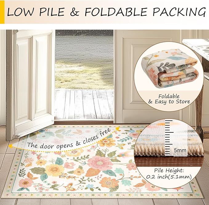 RELEANY Floral Washable 8x10 Area Rugs Beige/White/Orange | Flower Carpet Print - Image 5