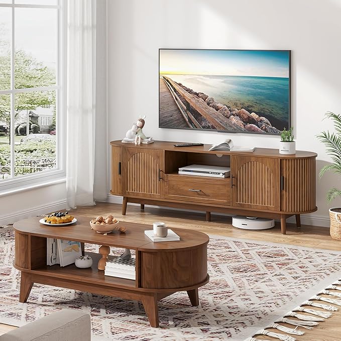 Mxtxmy 70" Fluted TV Stand for Tvs up to 80", Mid-Century Modern Entertainment - Image 7