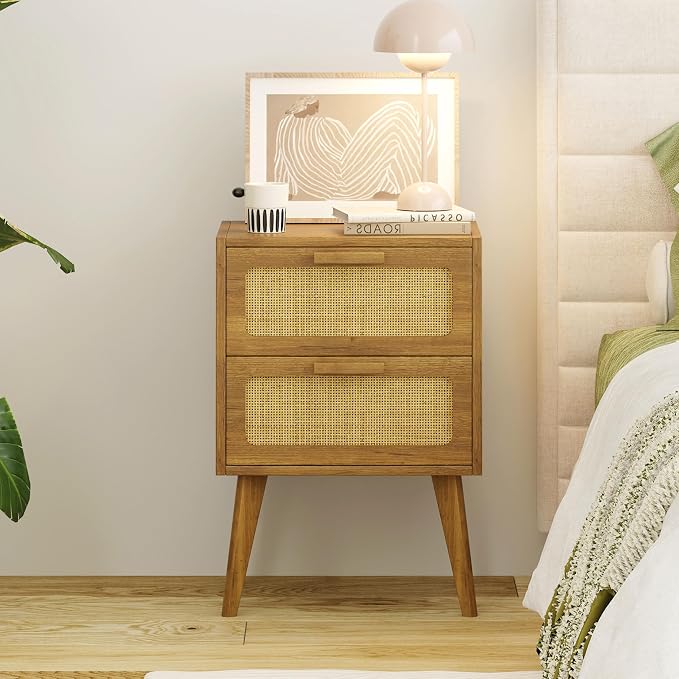 YAUKOMEL Rattan Nightstand, Wood End Table, Side Table - Image 2